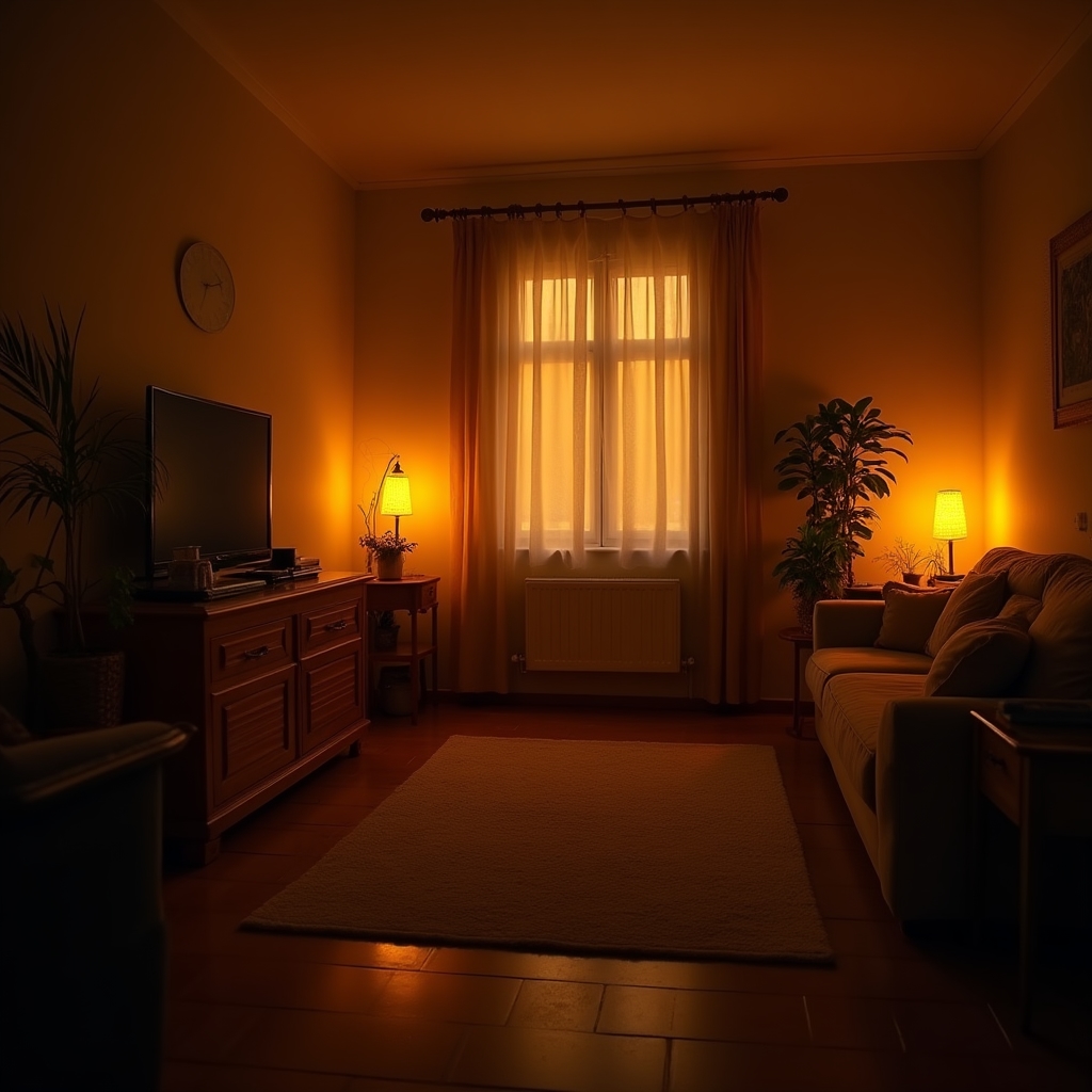 Cameră de zi cu becuri incandescente, lumină caldă galbenă, umbră pronunțată